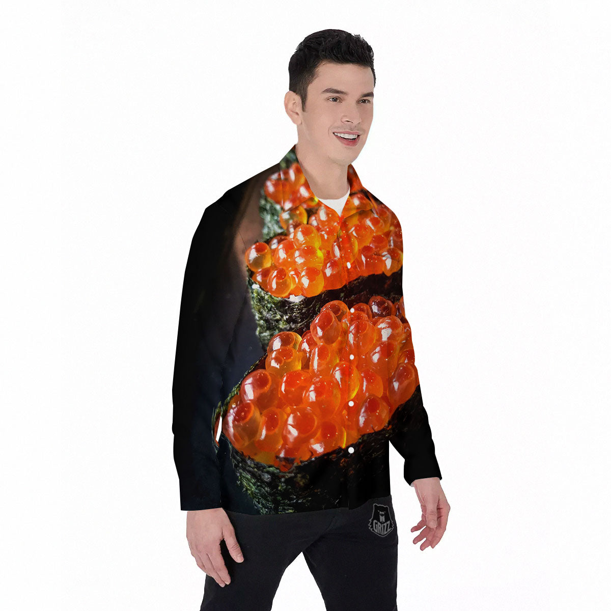 Salmon Roe Sushi Print Men's Long Sleeve Shirts-grizzshop