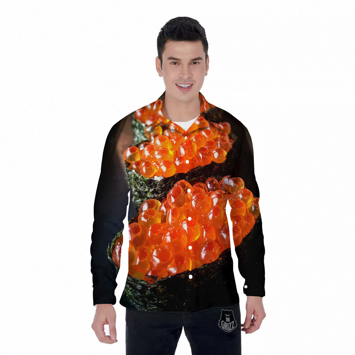 Salmon Roe Sushi Print Men's Long Sleeve Shirts-grizzshop
