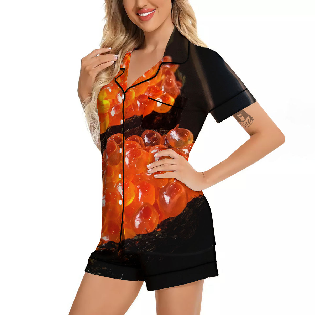 Salmon Roe Sushi Print Women Silk Pajamas-grizzshop
