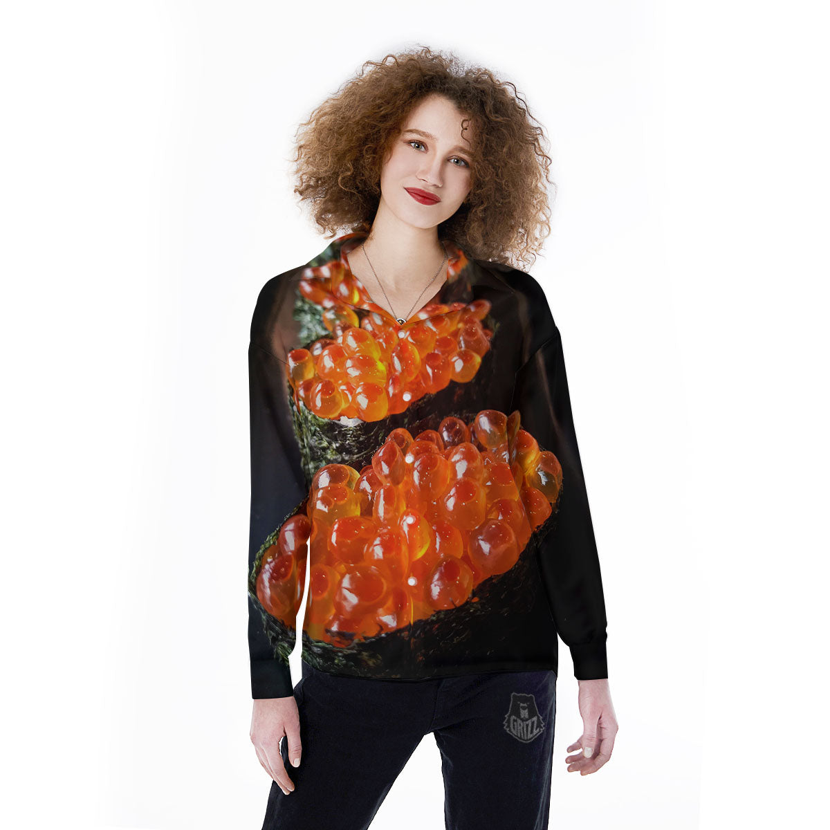 Salmon Roe Sushi Print Women's Long Sleeve Shirts-grizzshop
