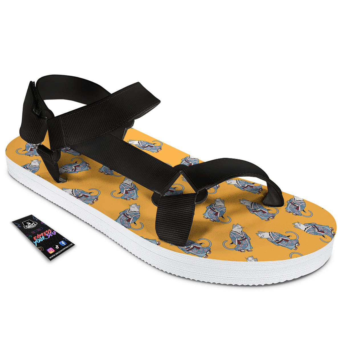 Samurai Cat Print Pattern Black Open Toe Sandals-grizzshop