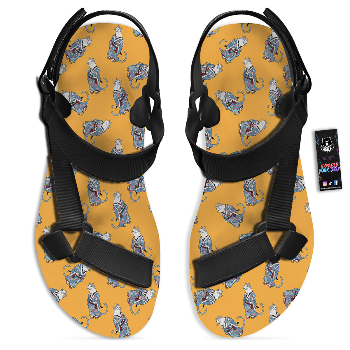 Samurai Cat Print Pattern Black Open Toe Sandals-grizzshop