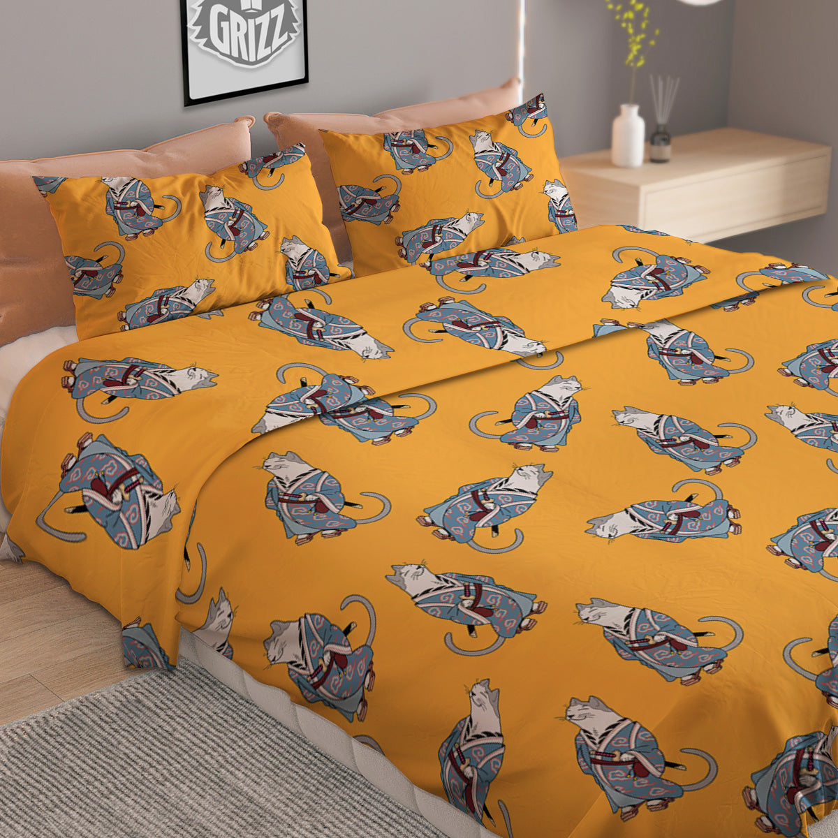 Samurai Cat Print Pattern Duvet Cover Bedding Set
