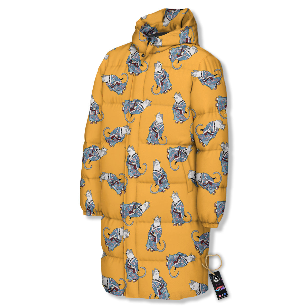 Samurai Cat Print Pattern Long Down Jacket-grizzshop