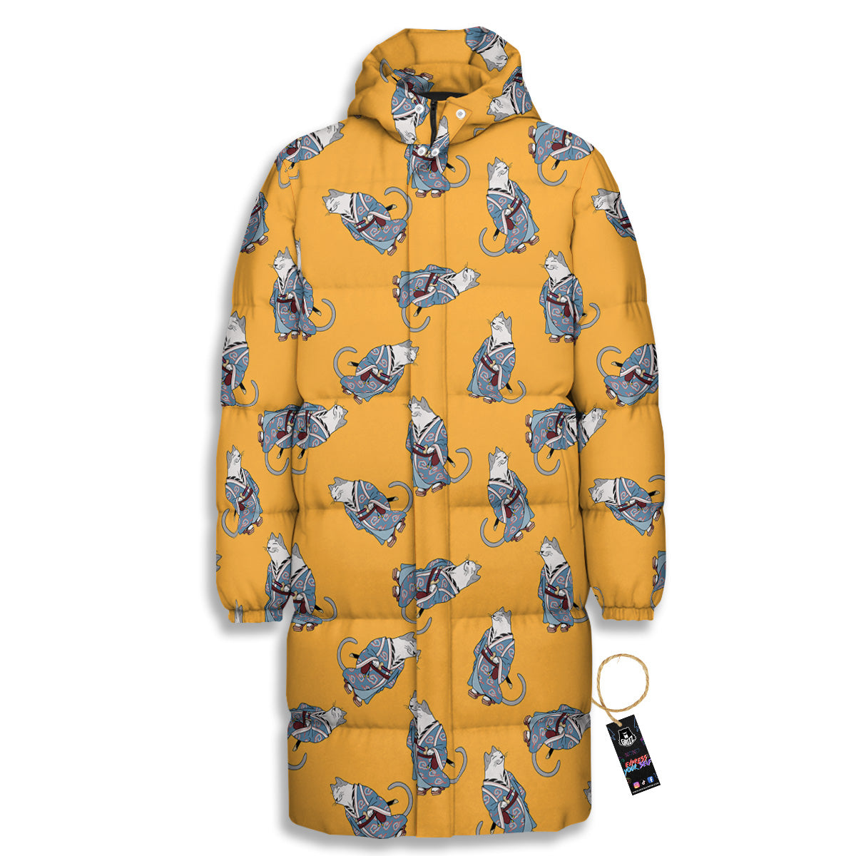 Samurai Cat Print Pattern Long Down Jacket-grizzshop