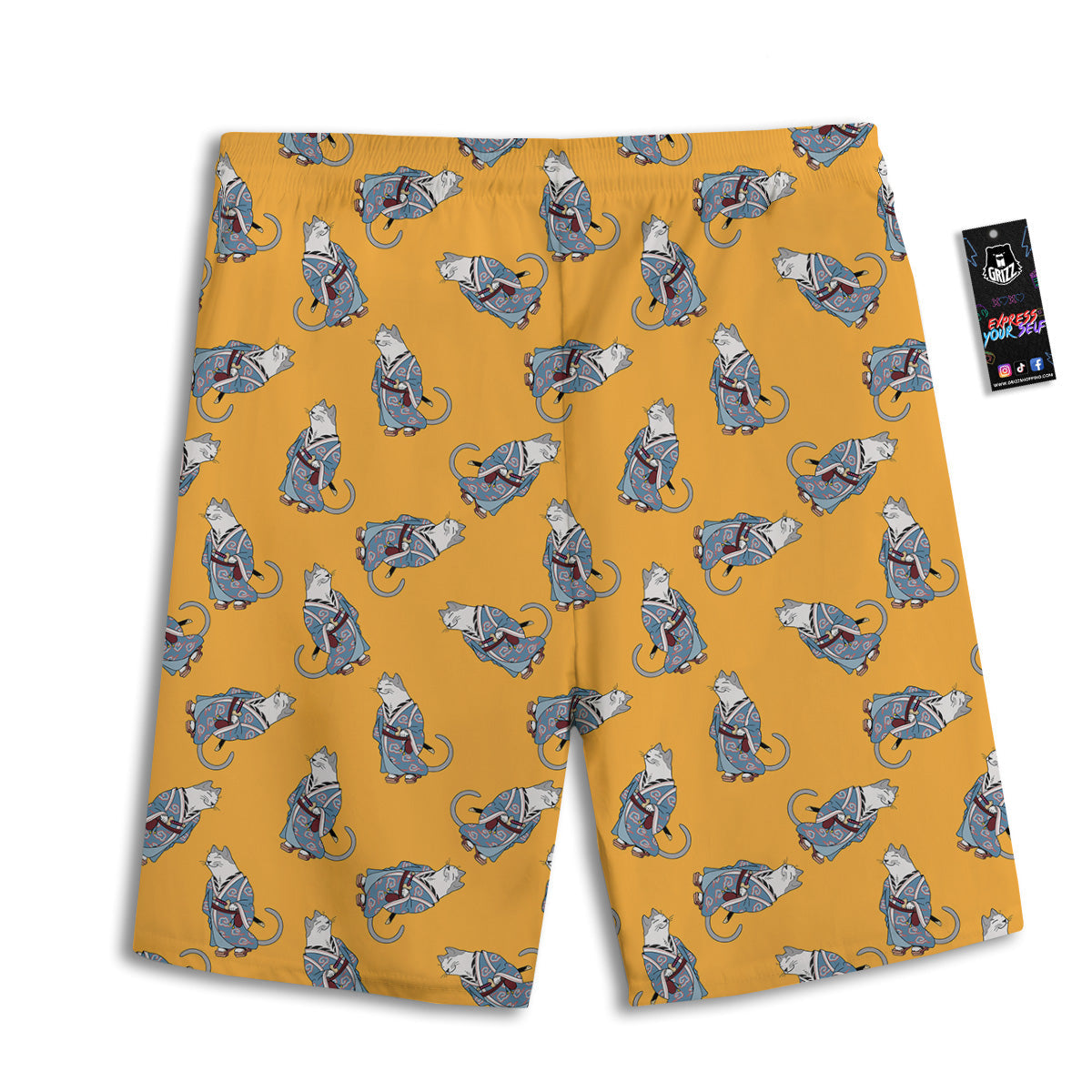 Samurai Cat Print Pattern Men's Athletic Shorts