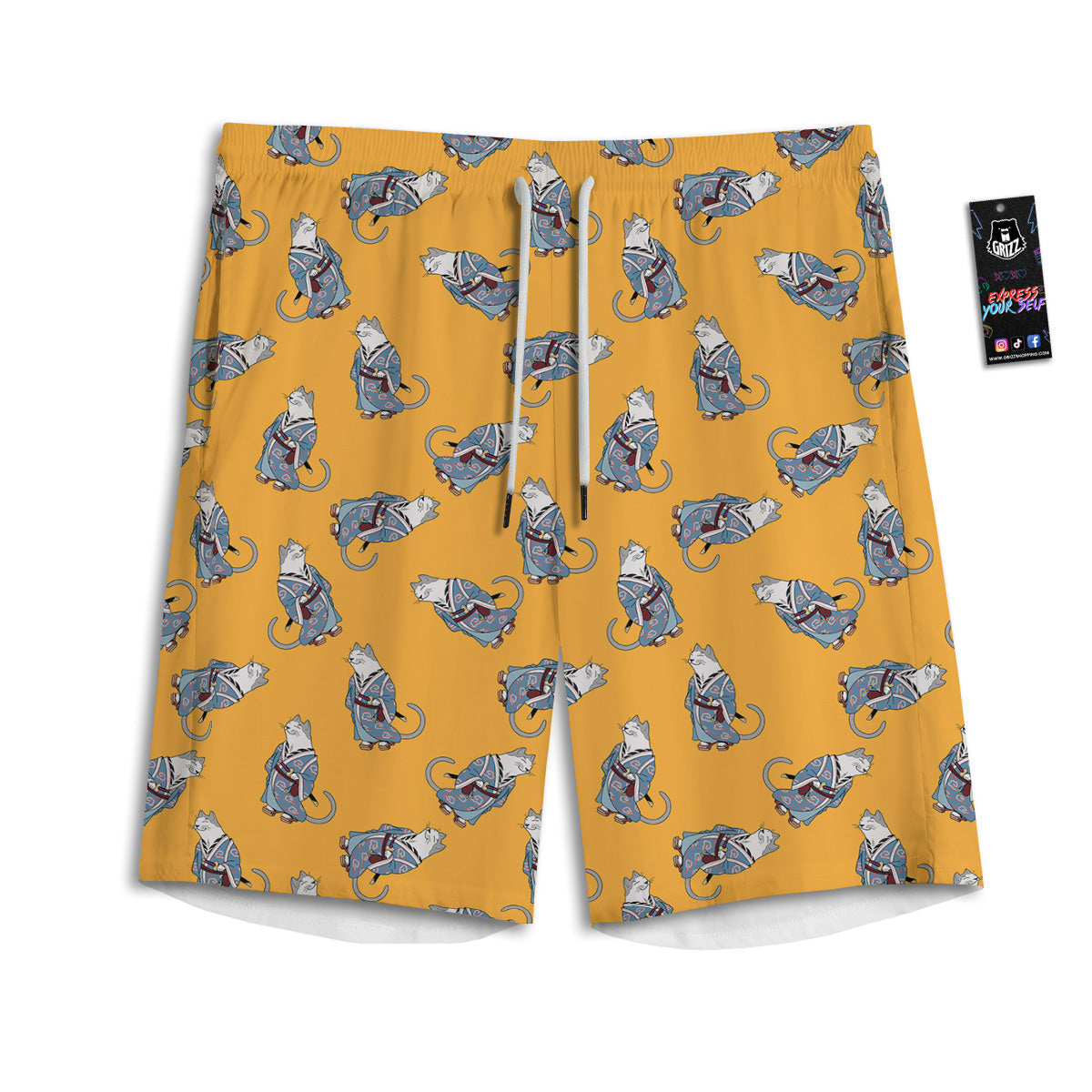 Samurai Cat Print Pattern Men's Athletic Shorts