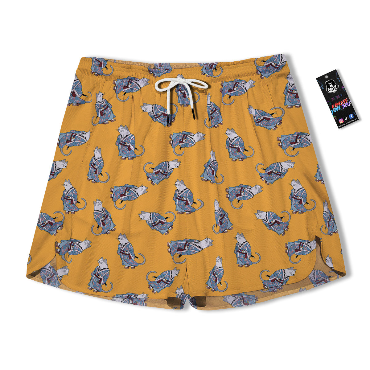 Samurai Cat Print Pattern Men's Running Shorts-grizzshop