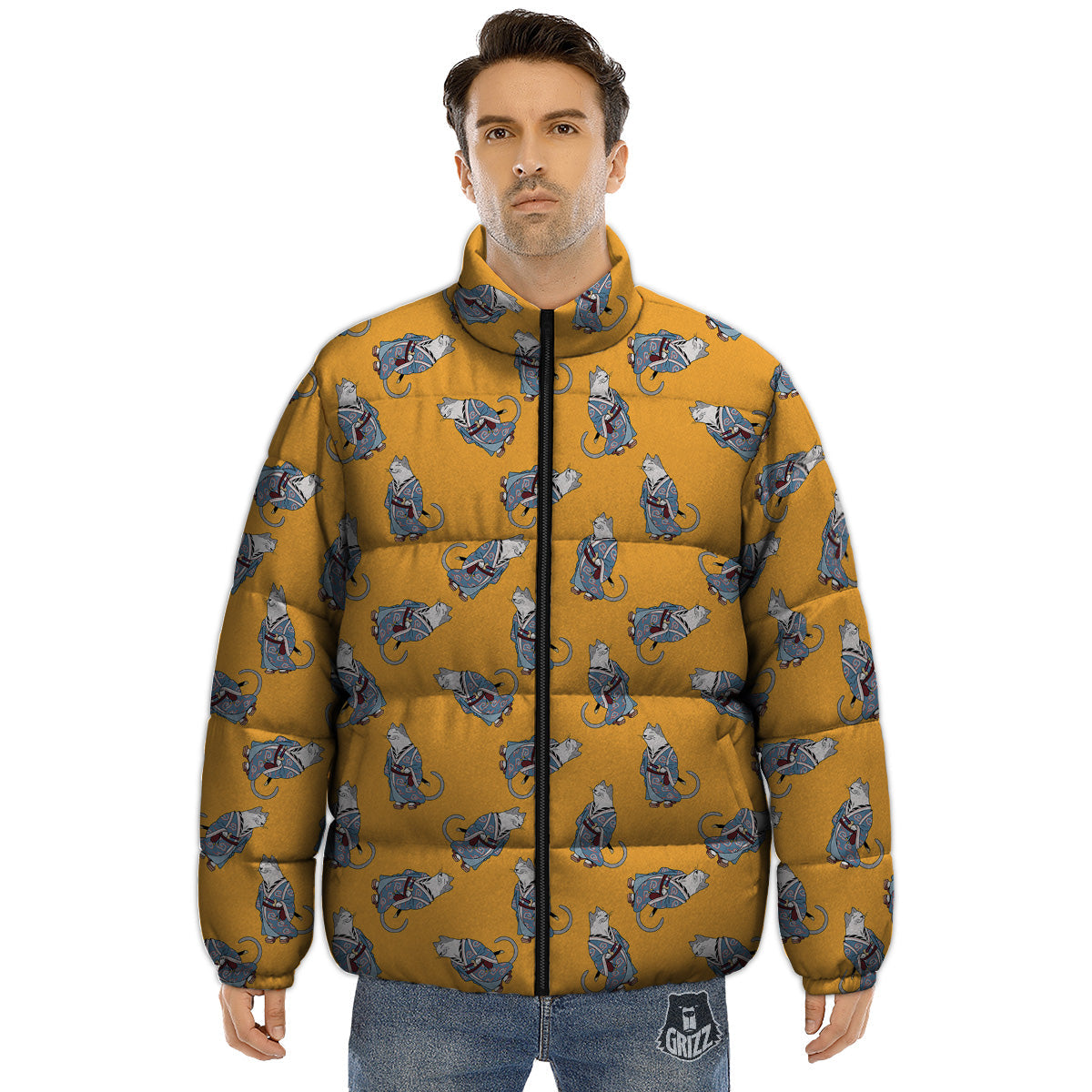 Samurai Cat Print Pattern Puffer Jacket-grizzshop
