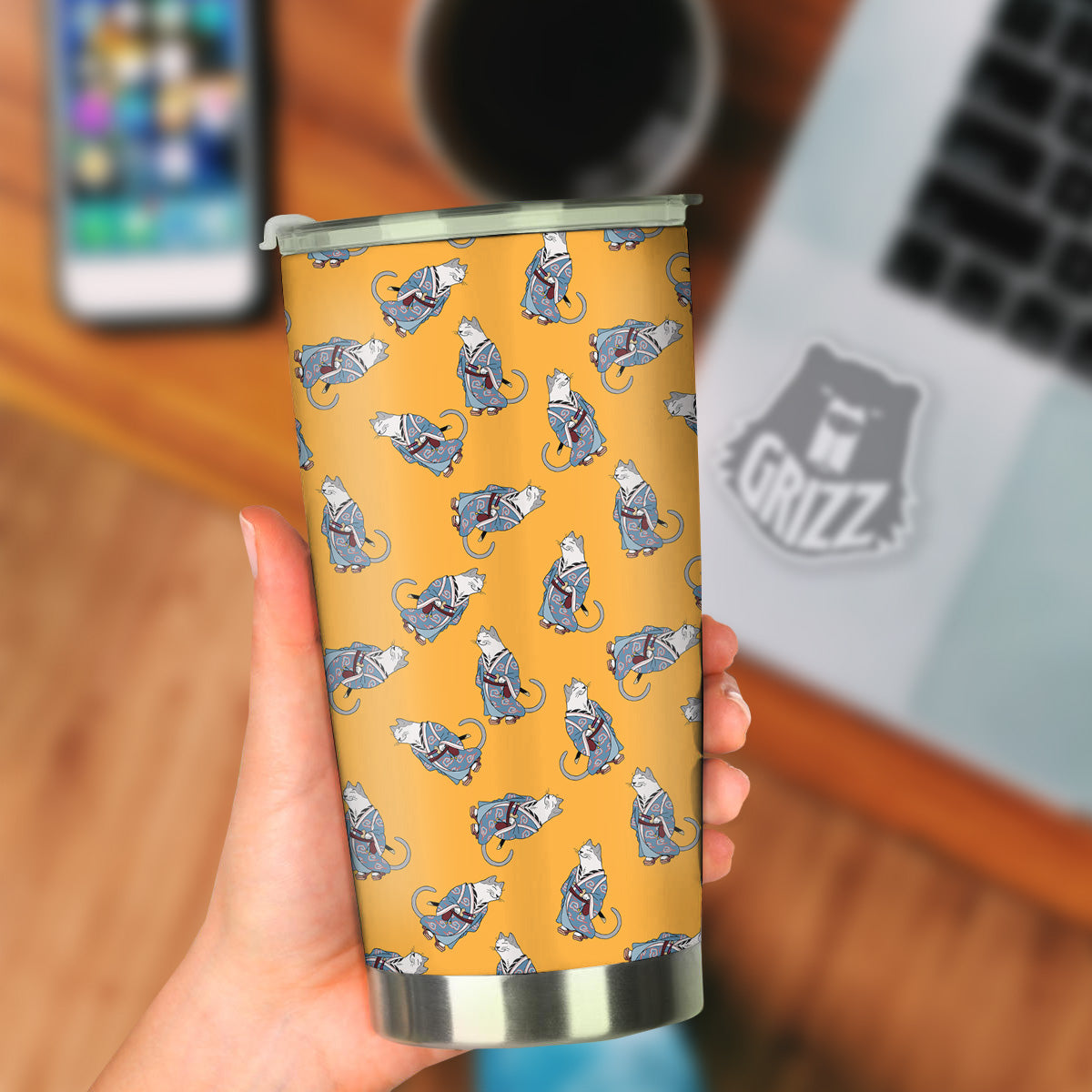 Samurai Cat Print Pattern Tumbler-grizzshop