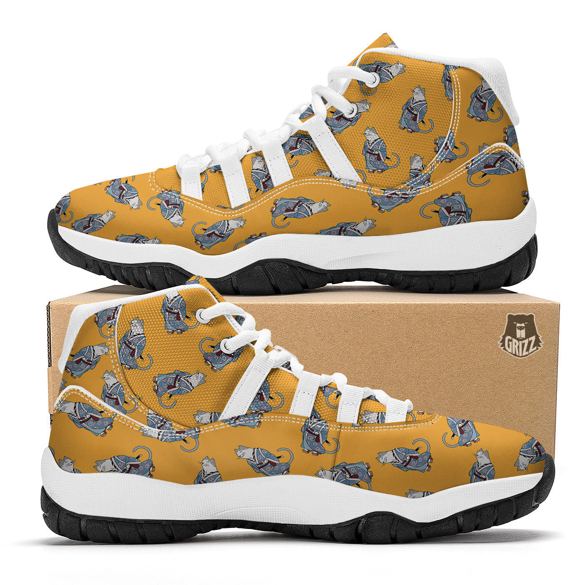 Samurai Cat Print Pattern White Bball Shoes-grizzshop