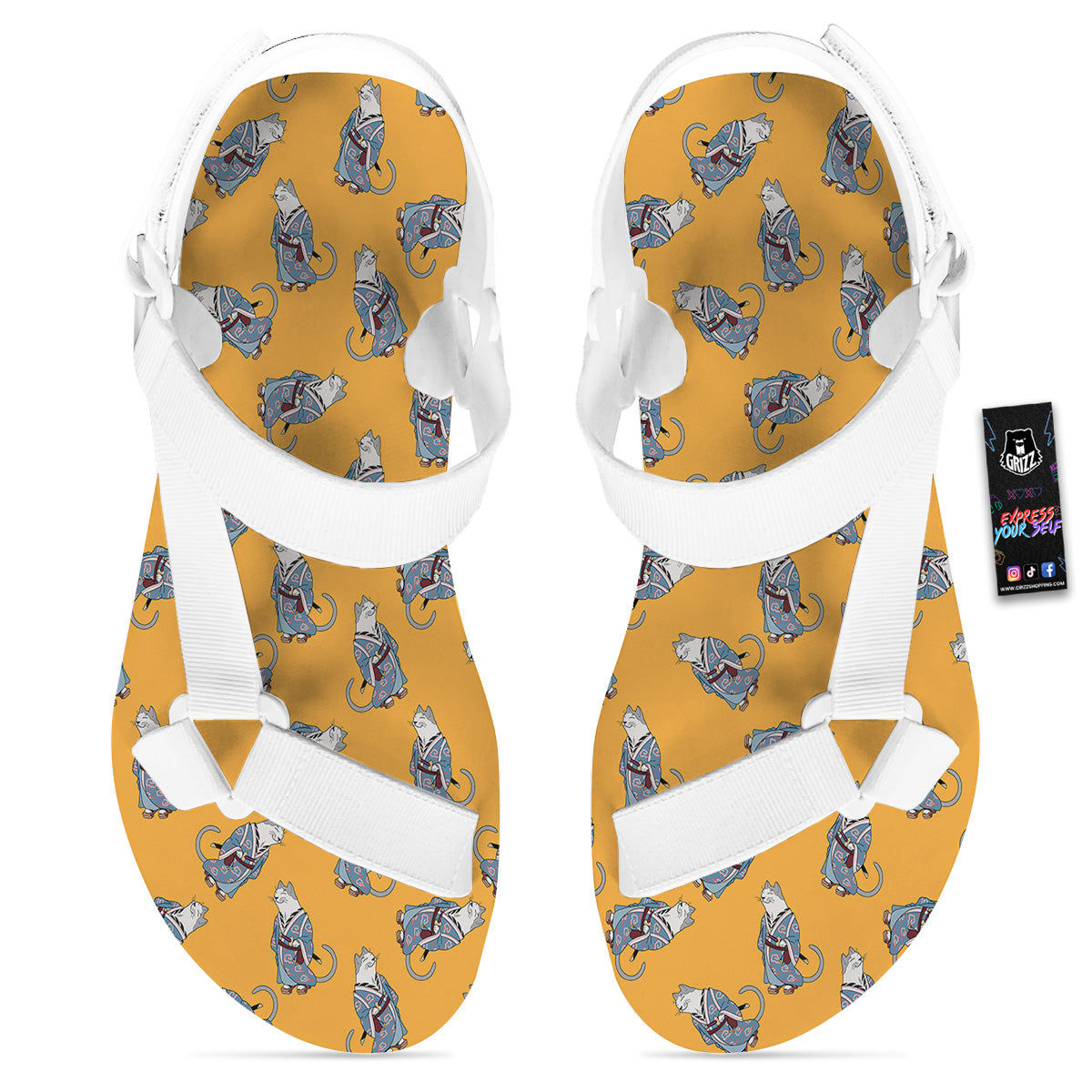 Samurai Cat Print Pattern White Open Toe Sandals-grizzshop