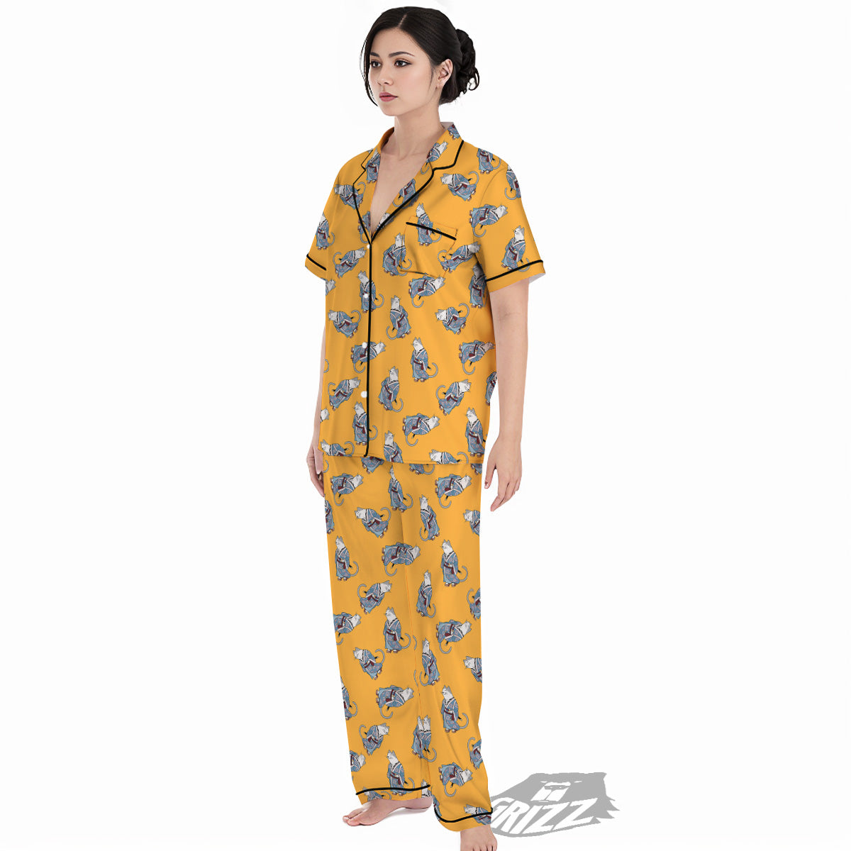 Samurai Cat Print Pattern Women's Pajamas Set-grizzshop