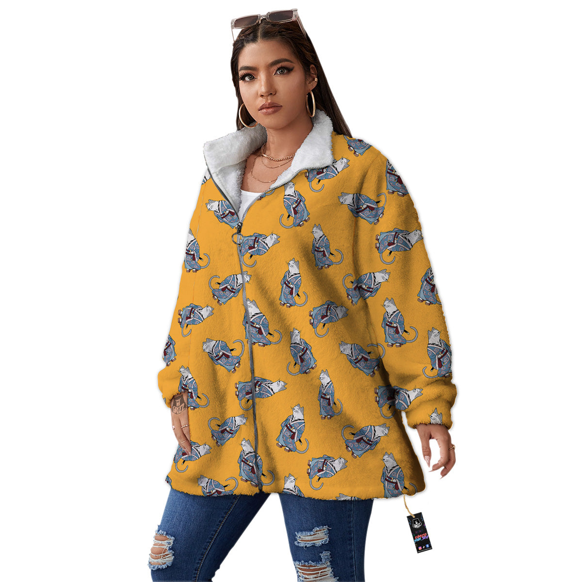 Samurai Cat Print Pattern Women's Sherpa Jacket-grizzshop