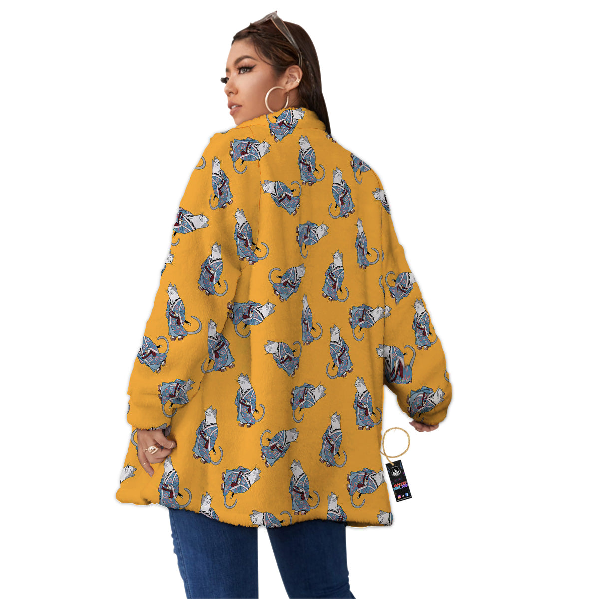 Samurai Cat Print Pattern Women's Sherpa Jacket-grizzshop