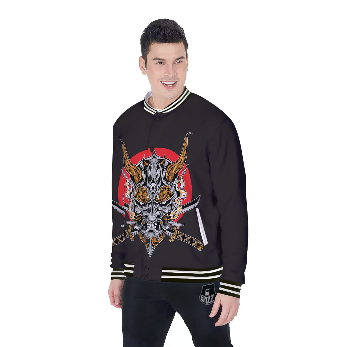Samurai Demon Print Baseball Jacket-grizzshop