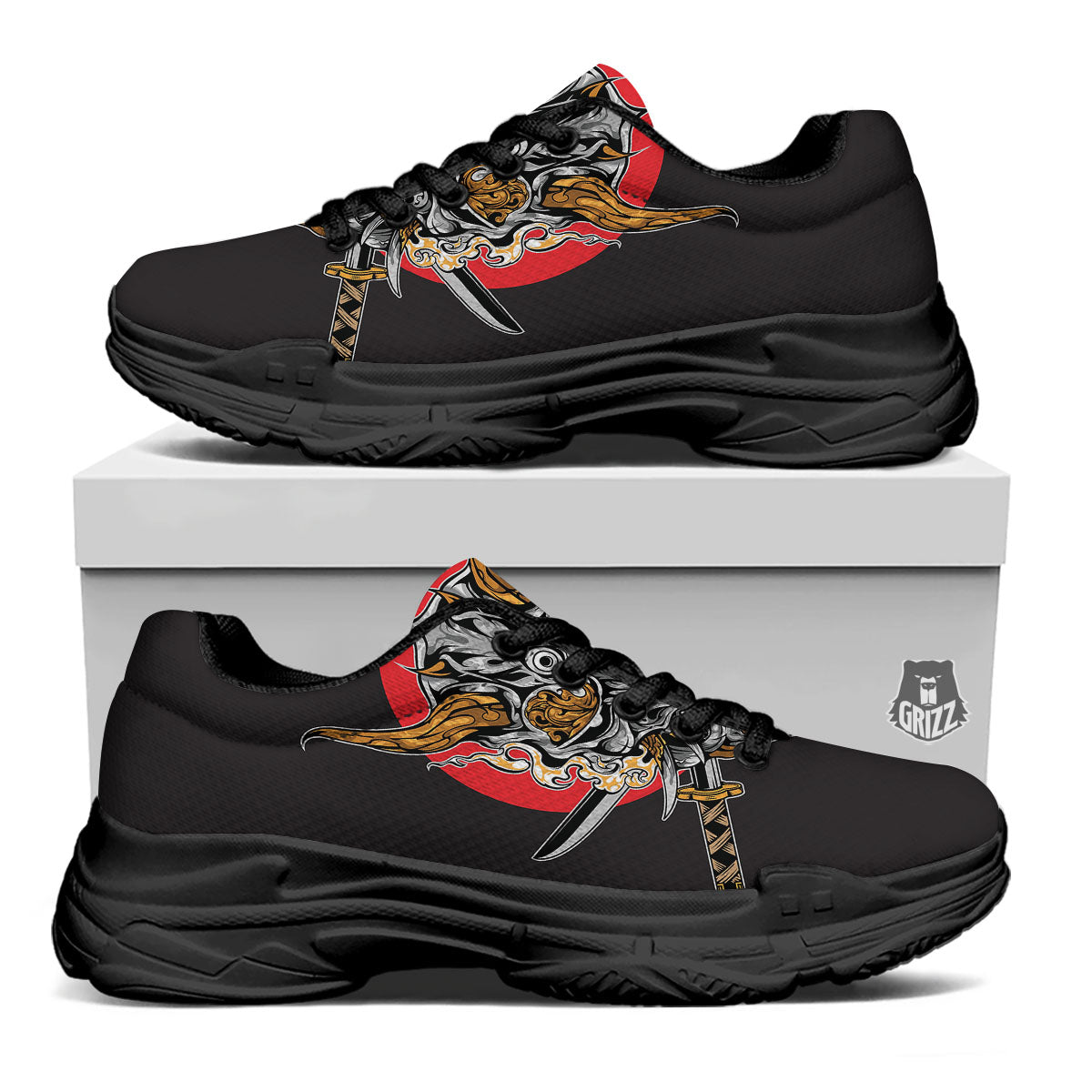 Samurai Demon Print Black Chunky Shoes-grizzshop