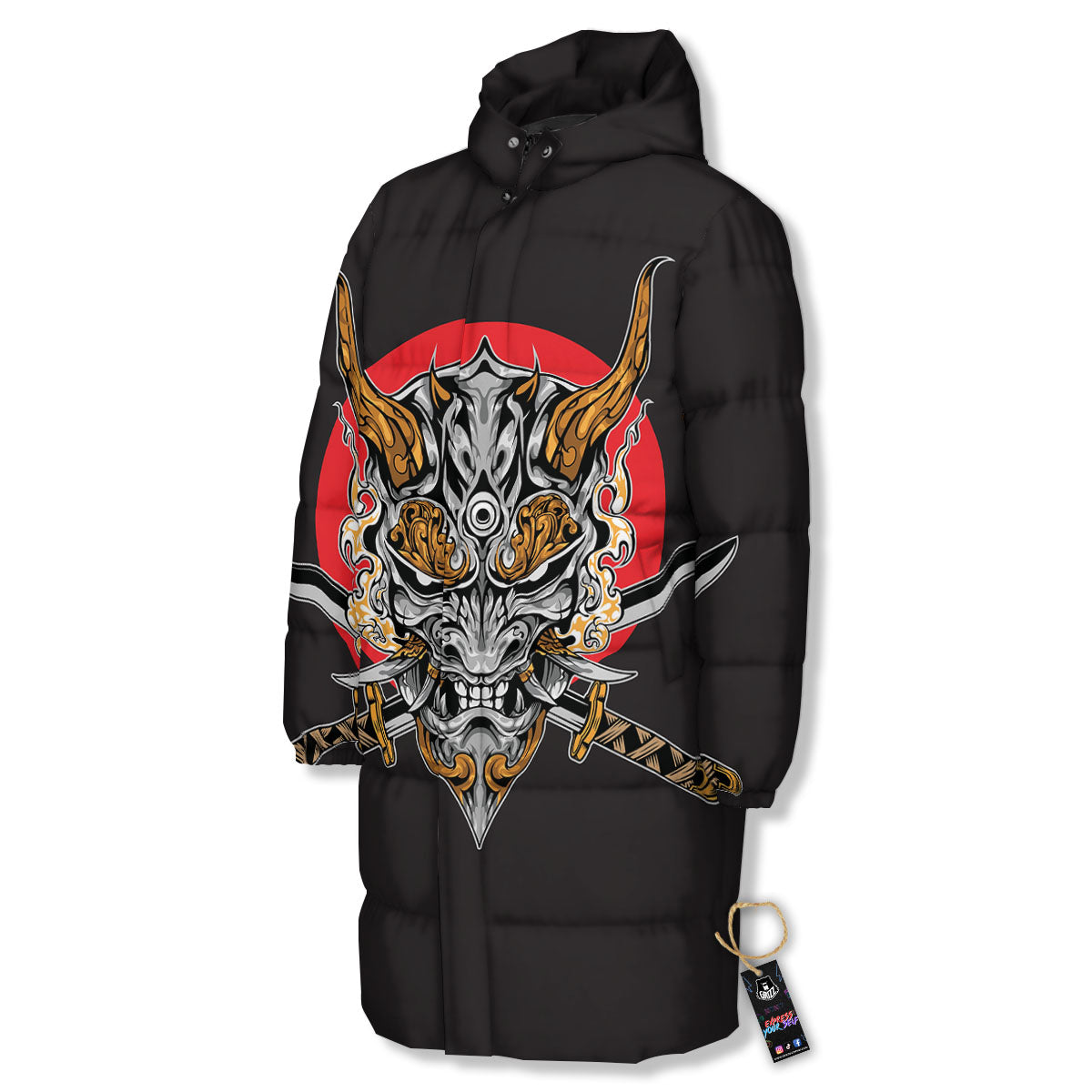 Samurai Demon Print Long Down Jacket-grizzshop