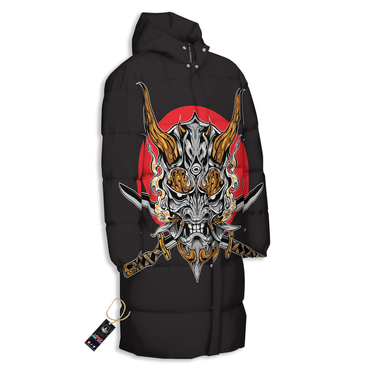 Samurai Demon Print Long Down Jacket-grizzshop