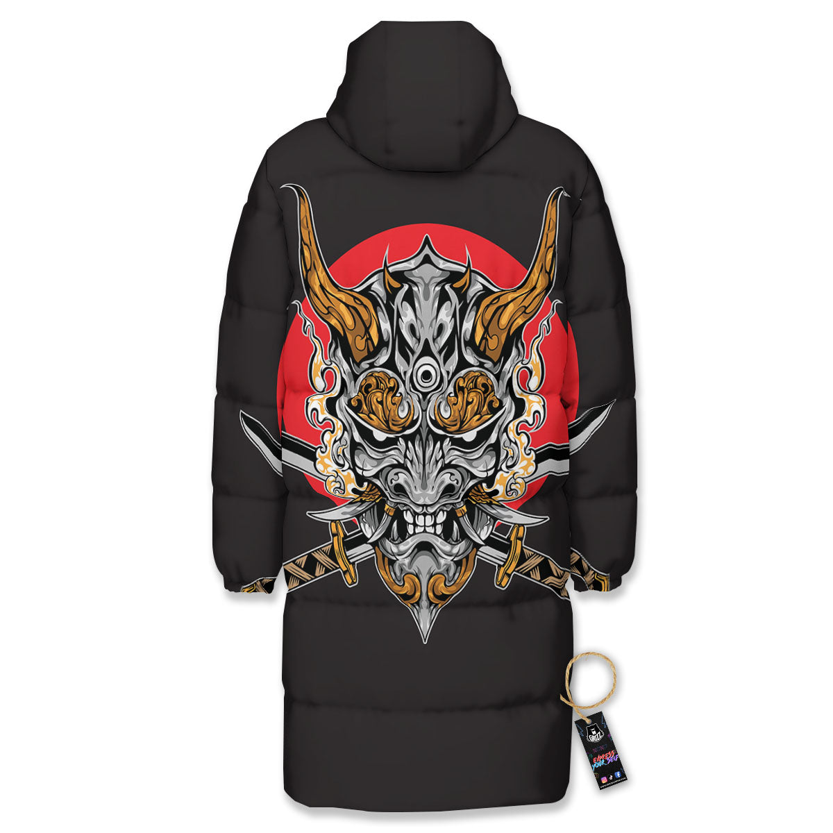 Samurai Demon Print Long Down Jacket-grizzshop