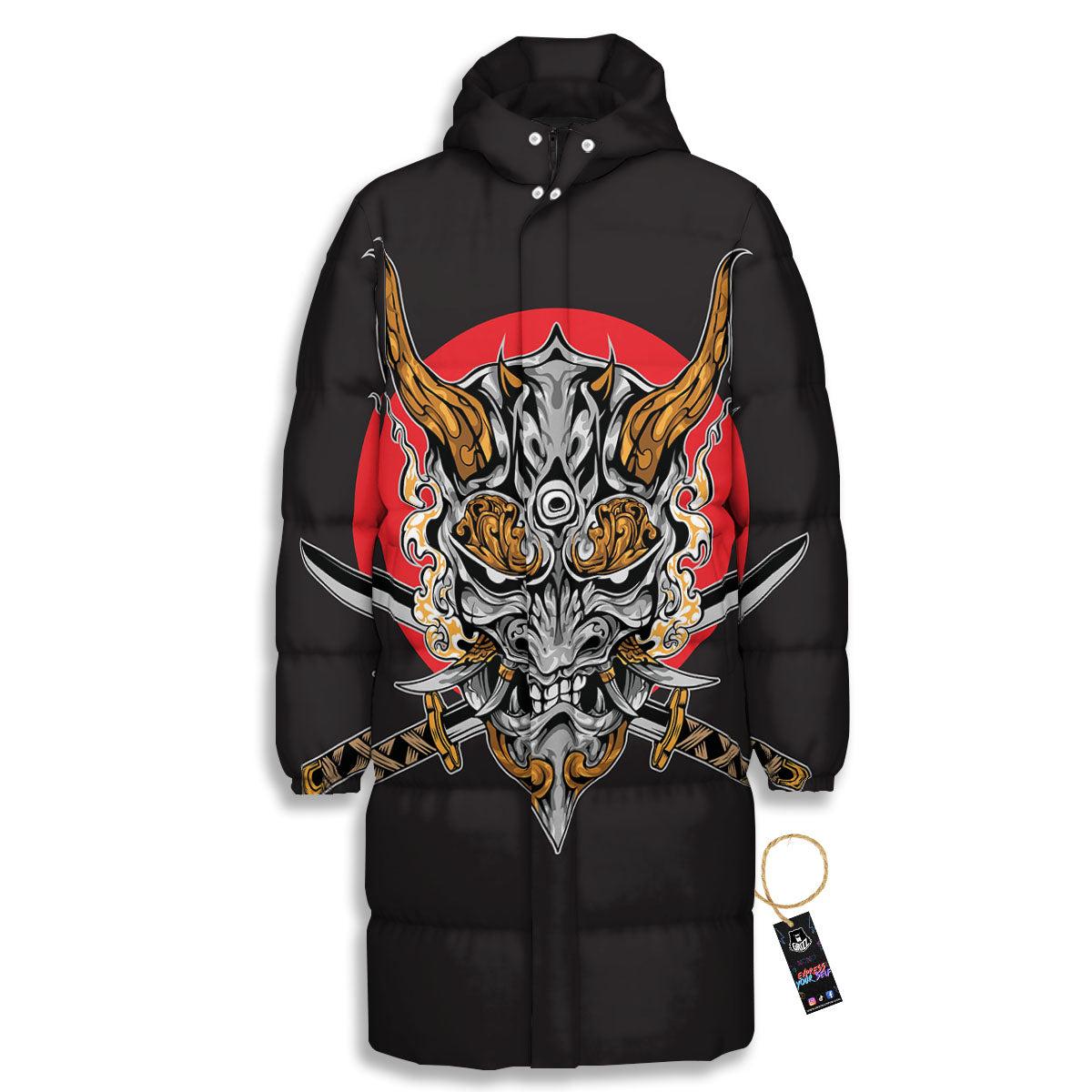 Samurai Demon Print Long Down Jacket-grizzshop