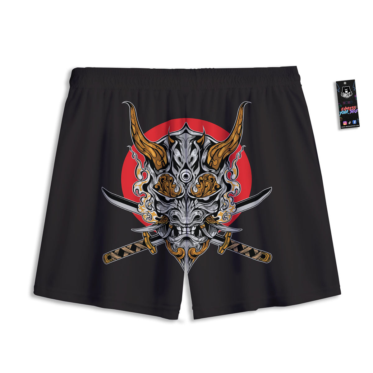 Samurai Demon Print Mesh Shorts