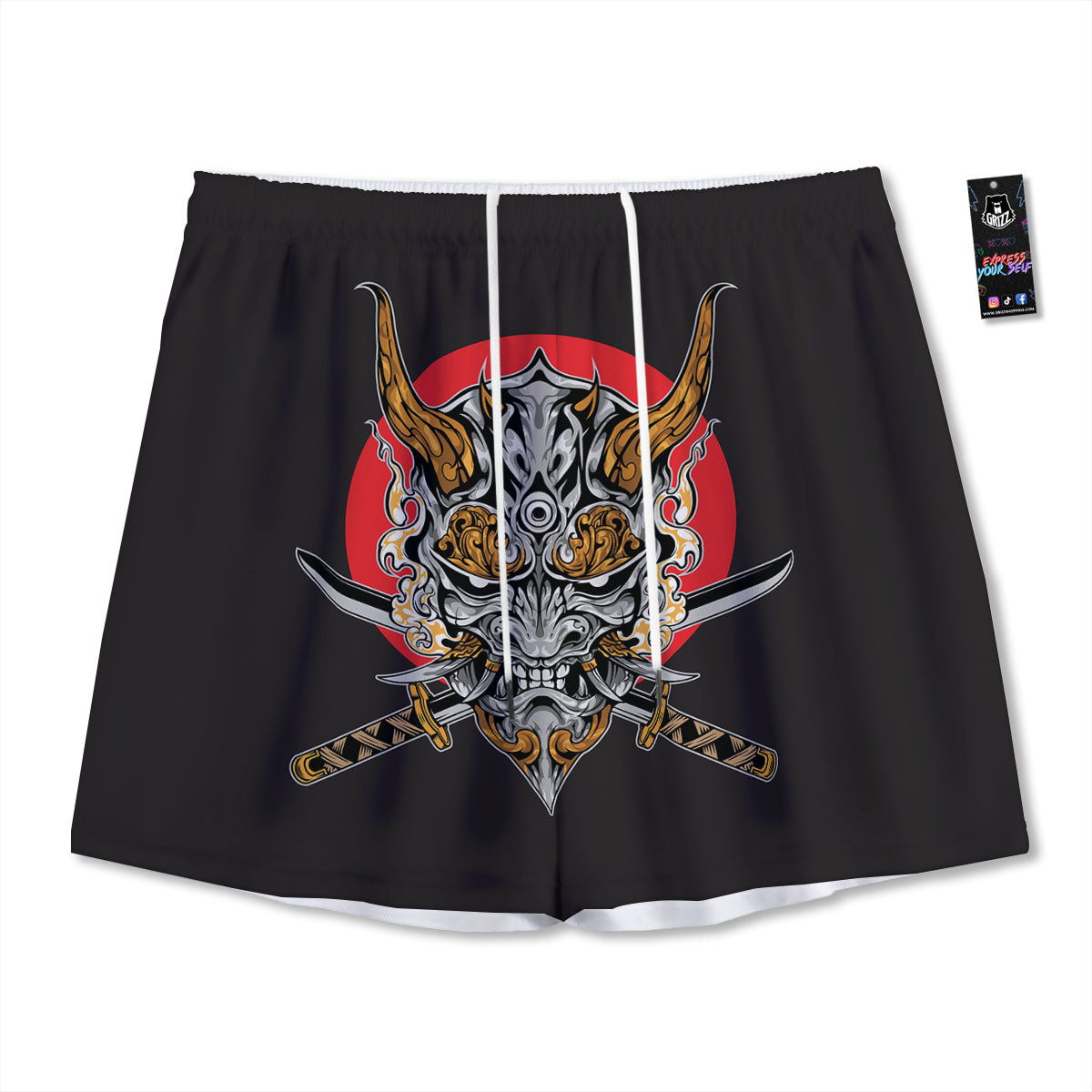 Samurai Demon Print Mesh Shorts