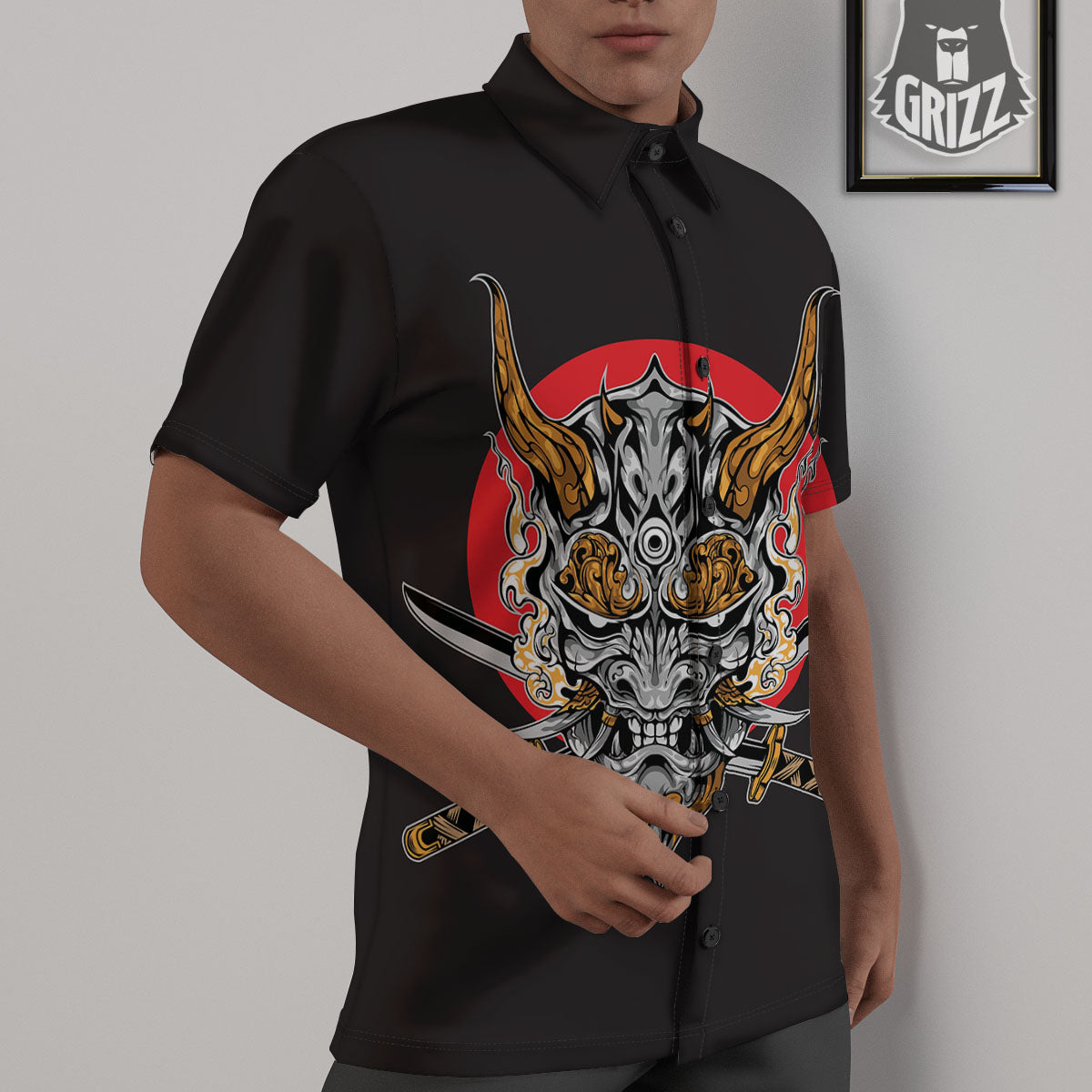 Samurai Demon Print Untucked Shirts-grizzshop