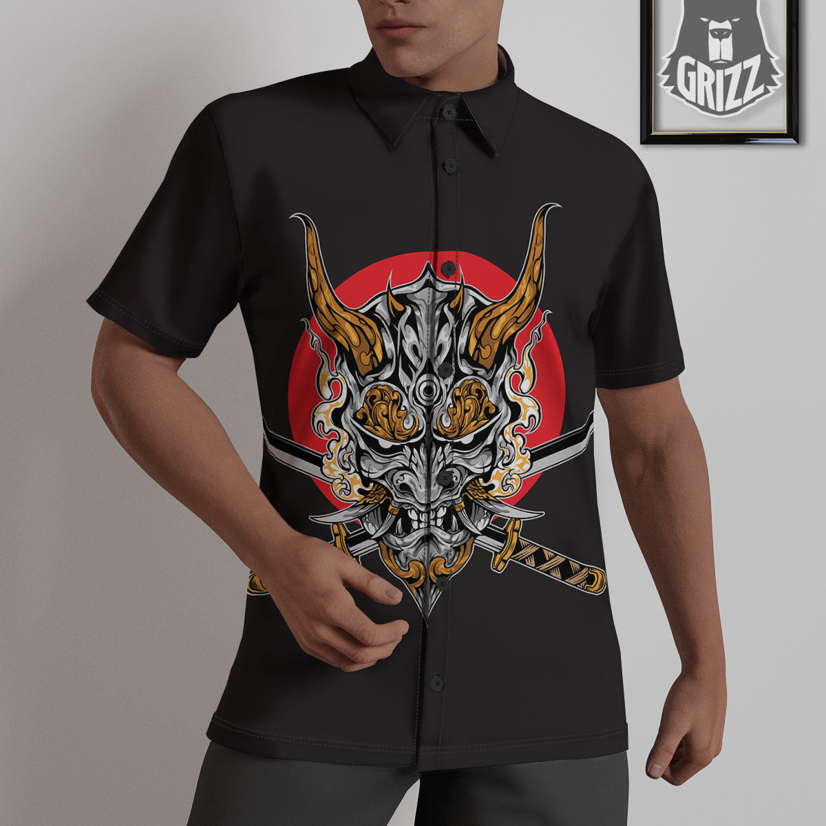 Samurai Demon Print Untucked Shirts-grizzshop