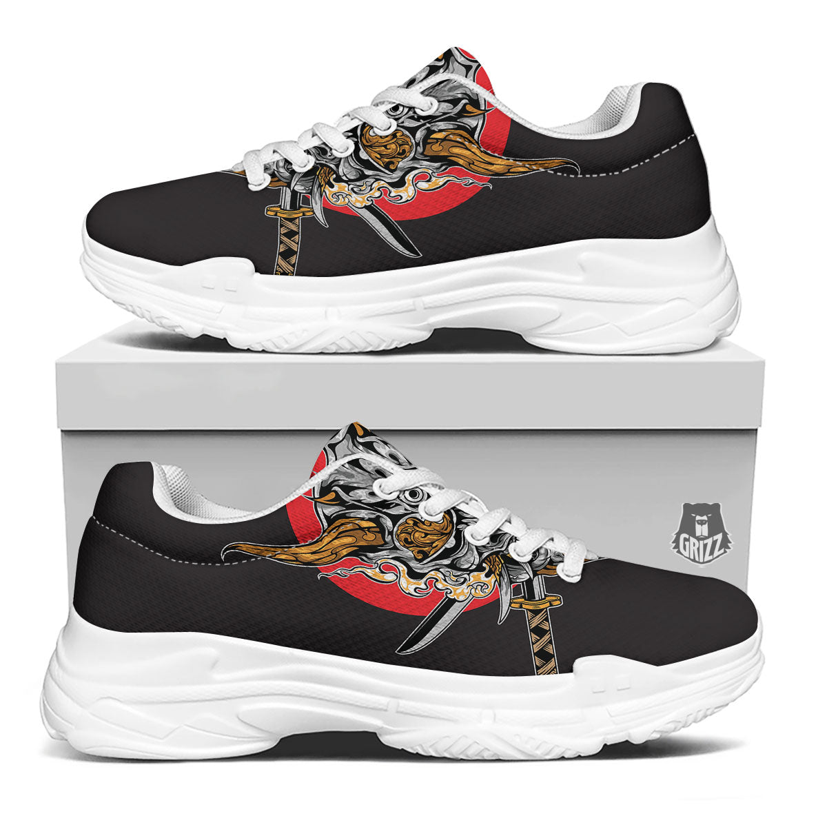 Samurai Demon Print White Chunky Shoes-grizzshop