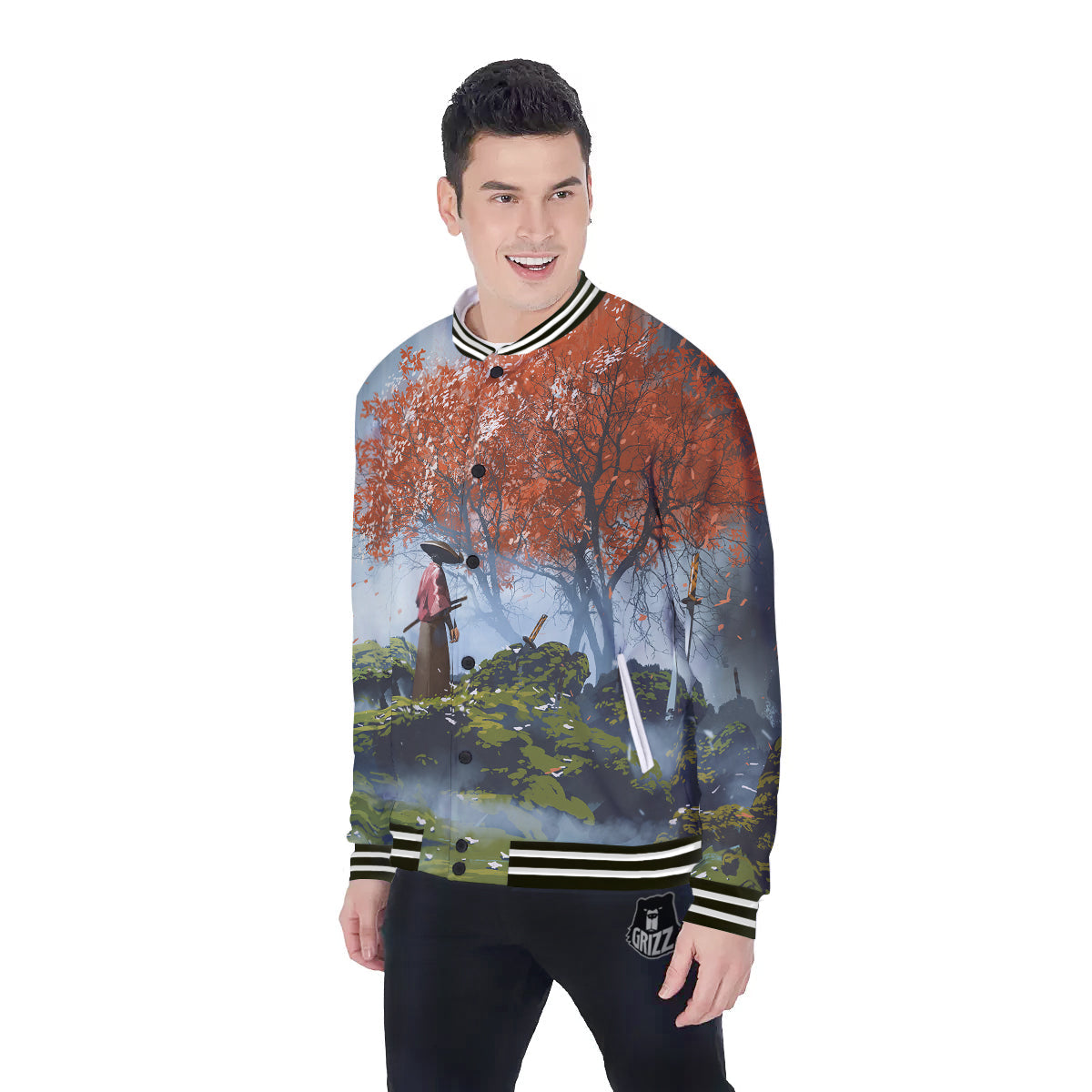 Samurai Fantasy Print Baseball Jacket-grizzshop