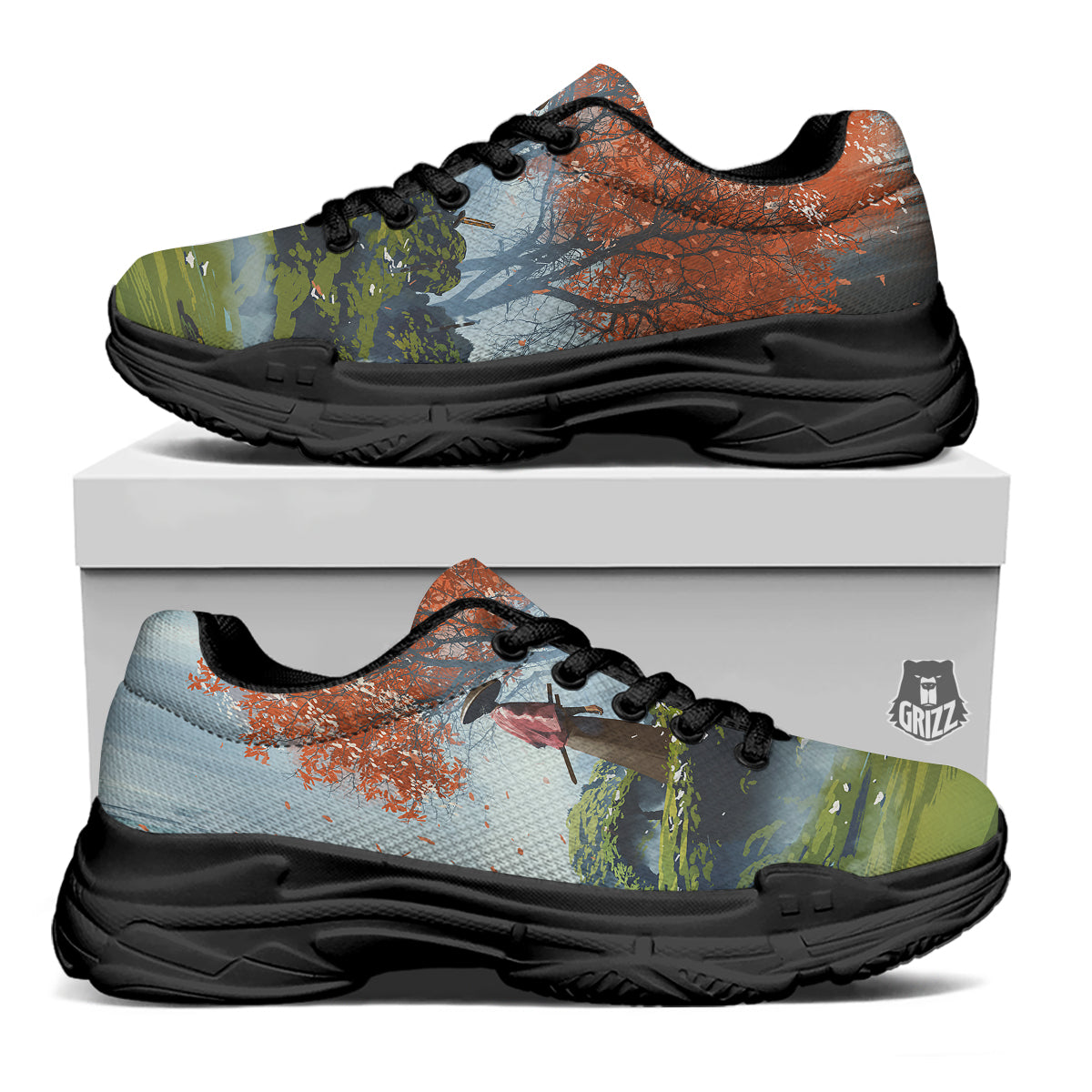 Samurai Fantasy Print Black Chunky Shoes-grizzshop