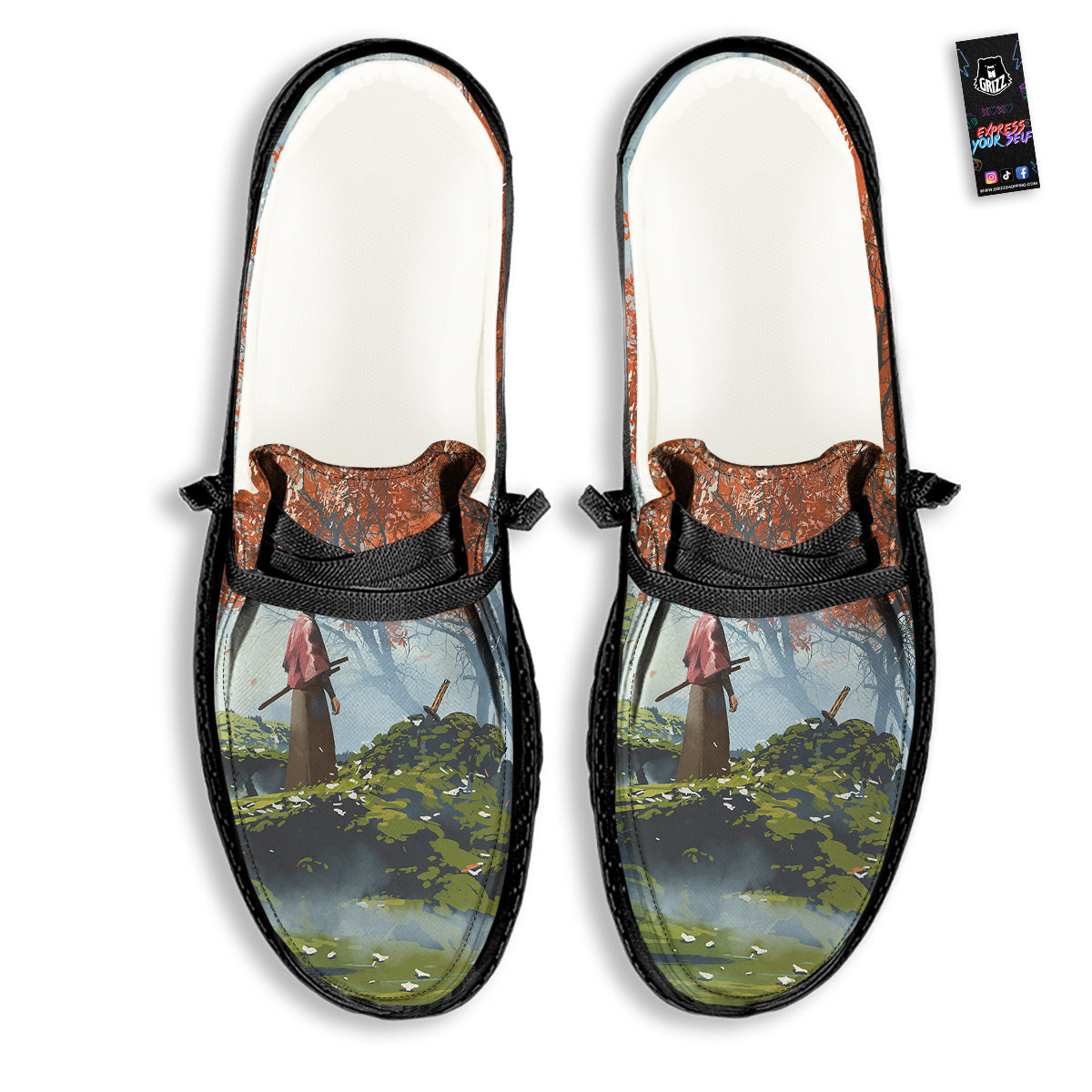 Samurai Fantasy Print Black Loafers-grizzshop
