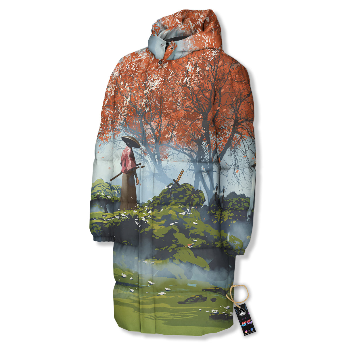 Samurai Fantasy Print Long Down Jacket-grizzshop