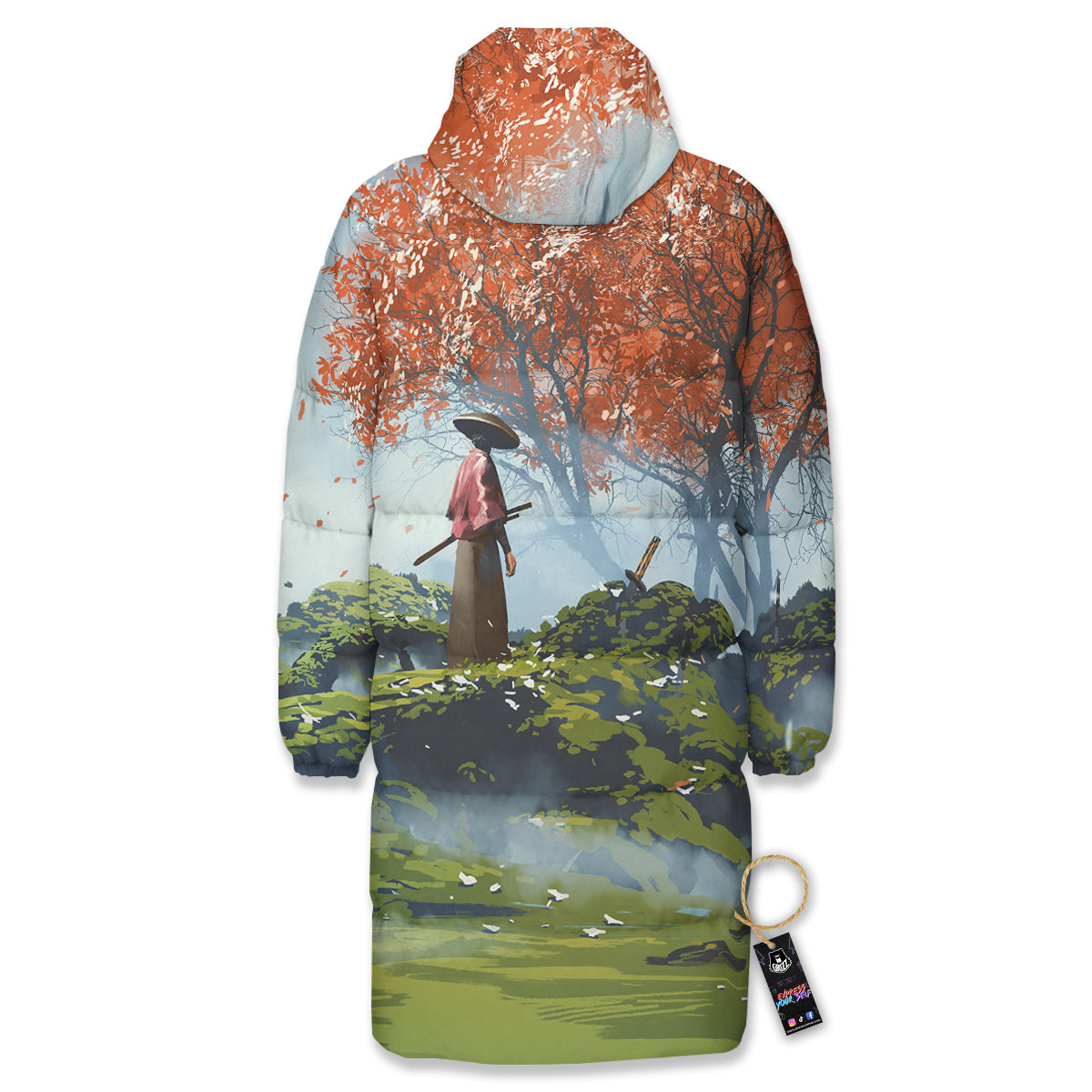 Samurai Fantasy Print Long Down Jacket-grizzshop