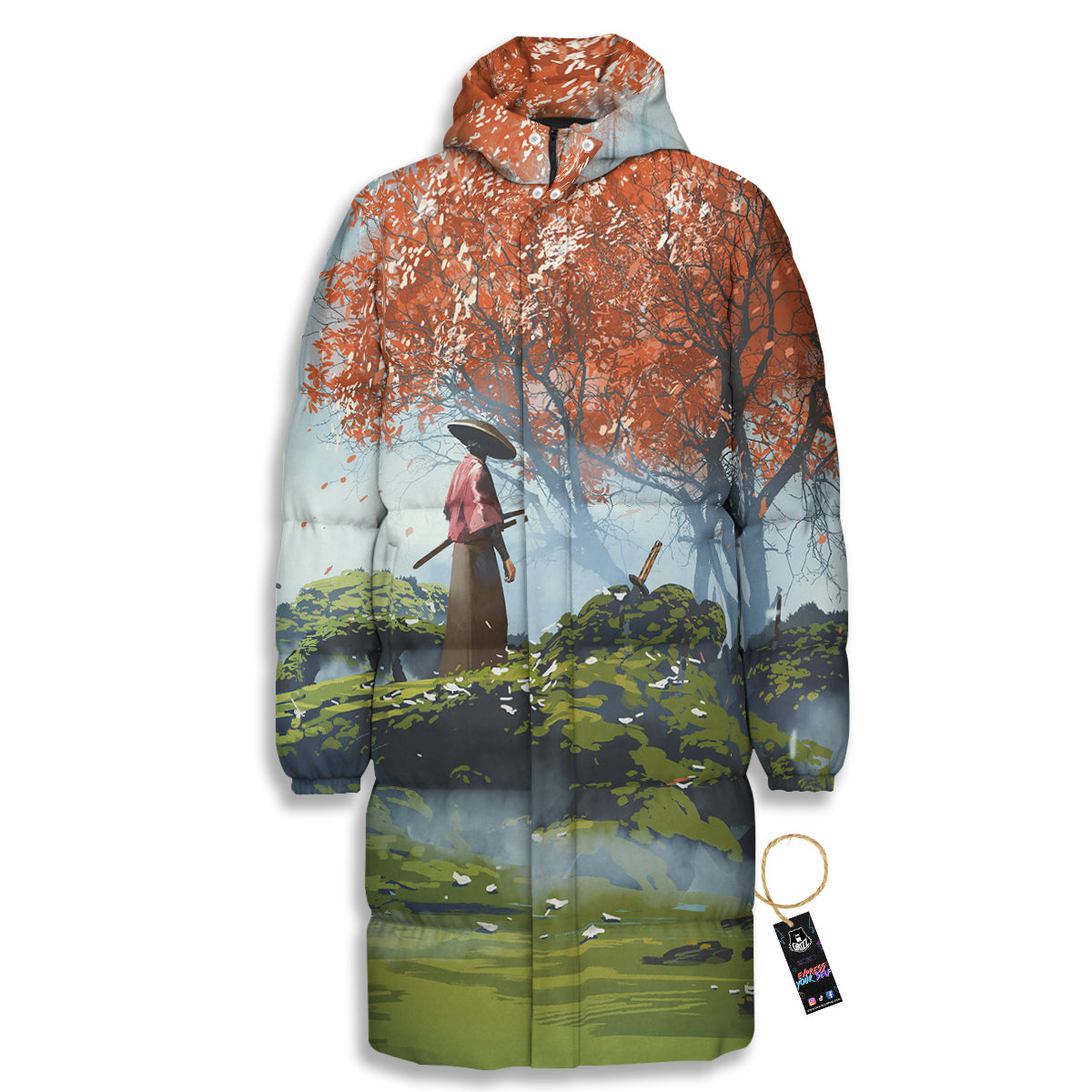Samurai Fantasy Print Long Down Jacket-grizzshop