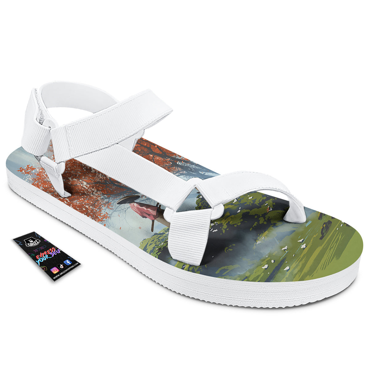 Samurai Fantasy Print White Open Toe Sandals-grizzshop