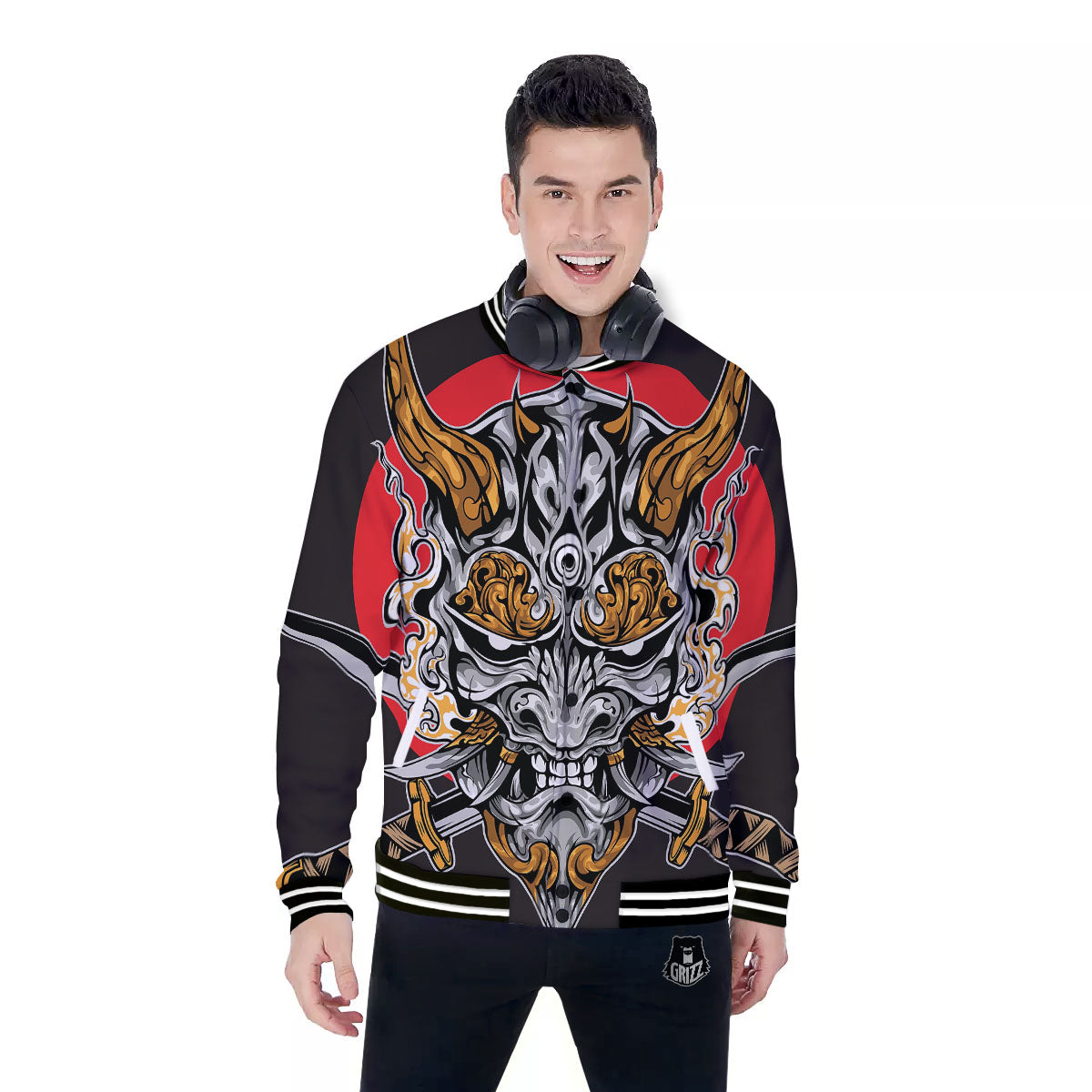 Samurai Ghost Japanese Print Baseball Jacket-grizzshop