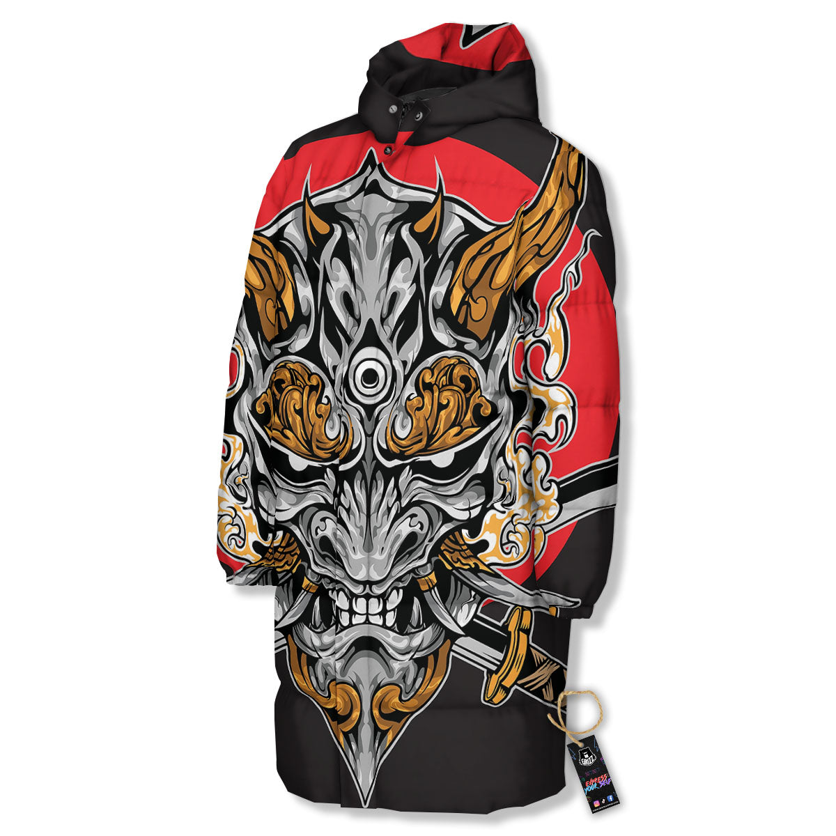 Samurai Ghost Japanese Print Long Down Jacket-grizzshop