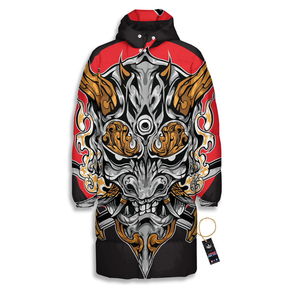 Samurai Ghost Japanese Print Long Down Jacket-grizzshop