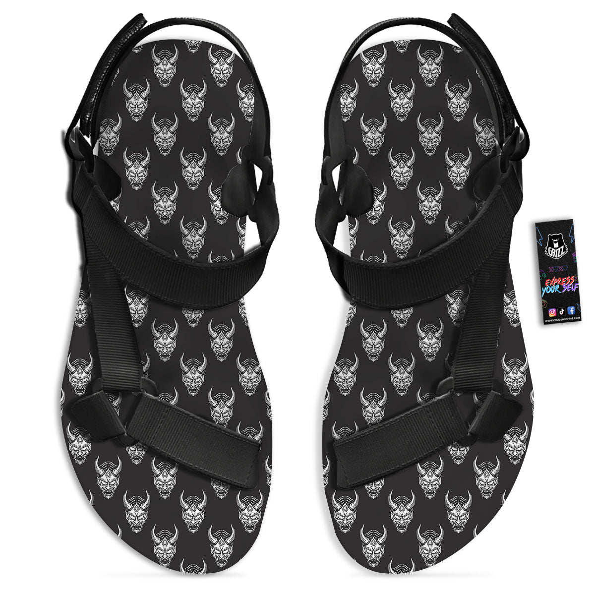 Samurai Ghost Mask Print Pattern Black Open Toe Sandals-grizzshop