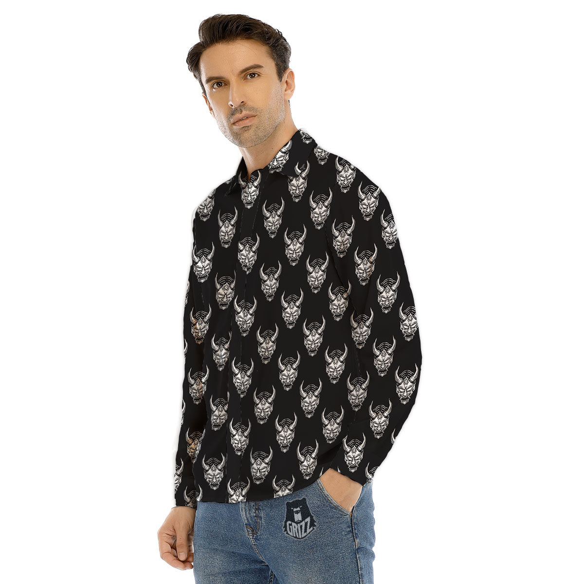 Samurai Ghost Mask Print Pattern Men's Dress Shirts-grizzshop