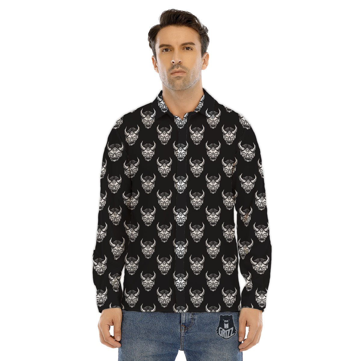 Samurai Ghost Mask Print Pattern Men's Dress Shirts-grizzshop