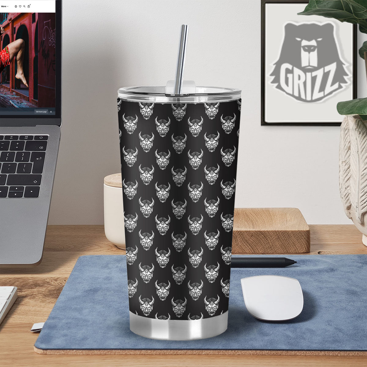 Samurai Ghost Mask Print Pattern Tumbler-grizzshop