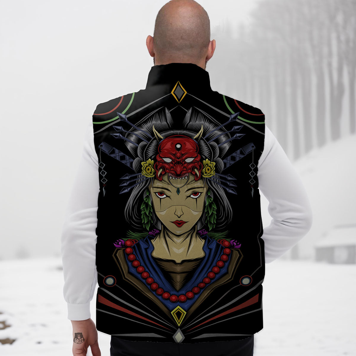 Samurai Girl Japanese Print Down Vest