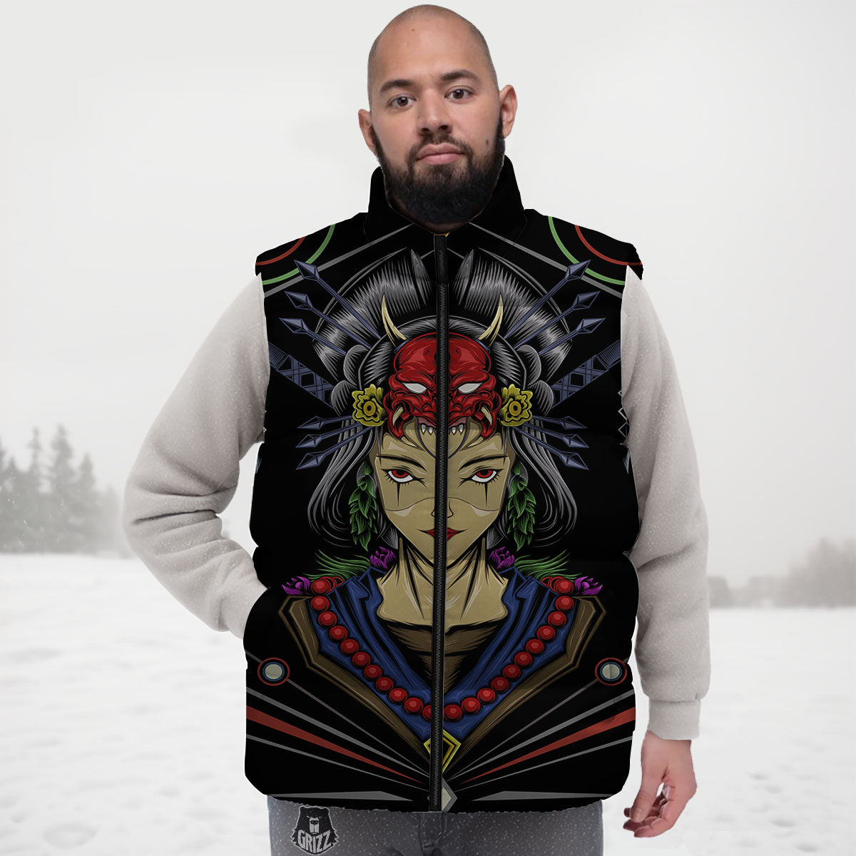 Samurai Girl Japanese Print Down Vest
