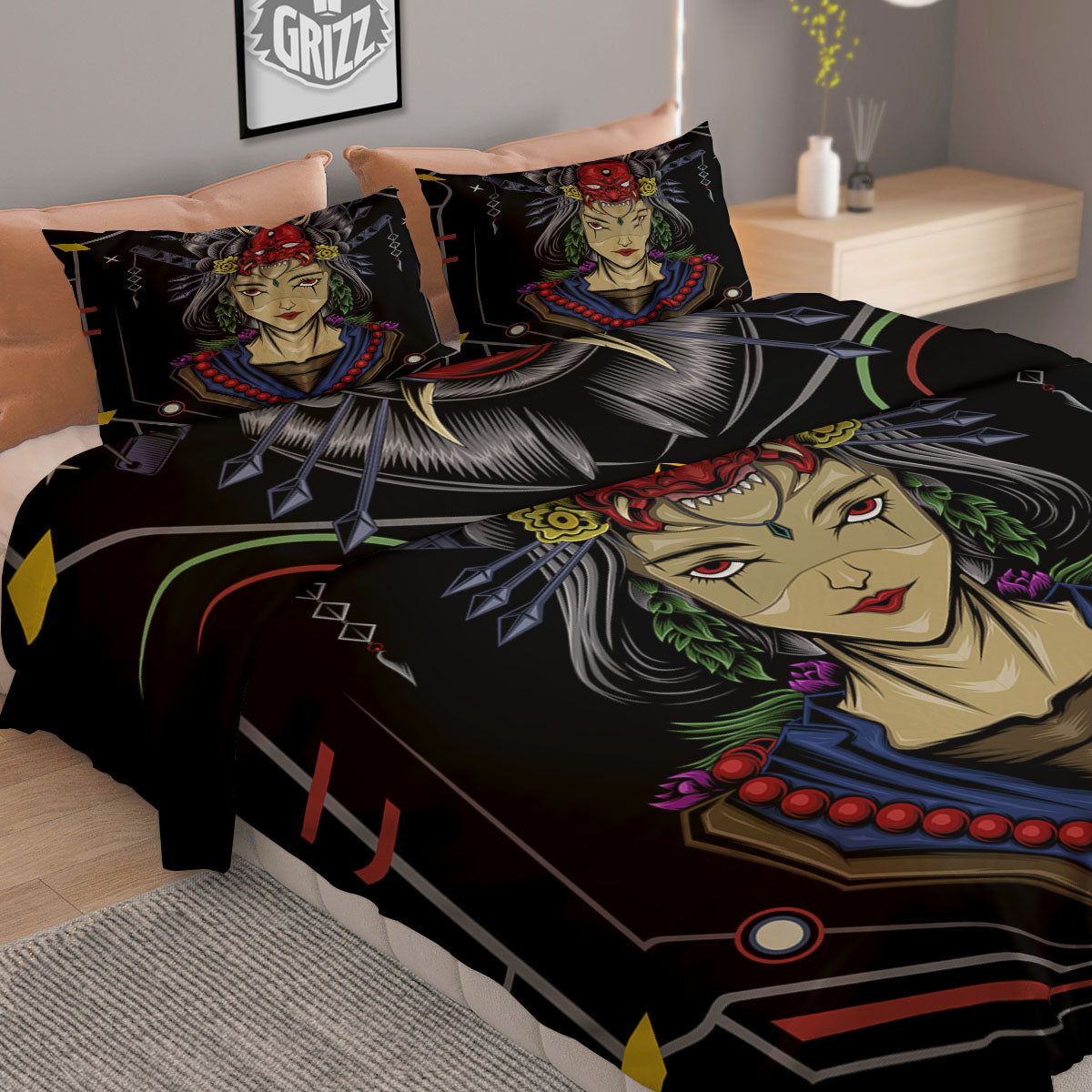 Samurai Girl Japanese Print Duvet Cover Bedding Set