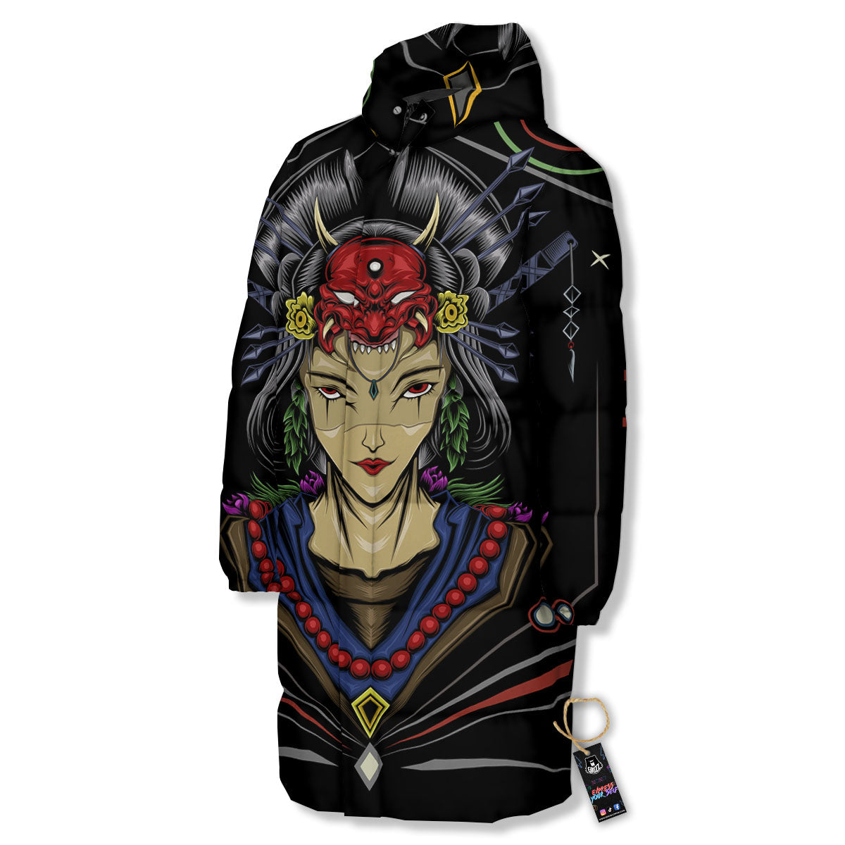 Samurai Girl Japanese Print Long Down Jacket-grizzshop