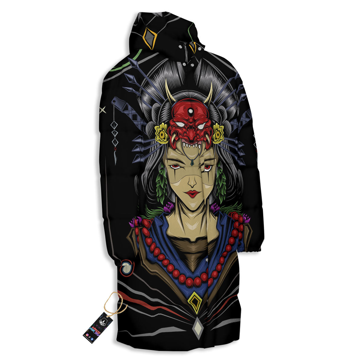 Samurai Girl Japanese Print Long Down Jacket-grizzshop