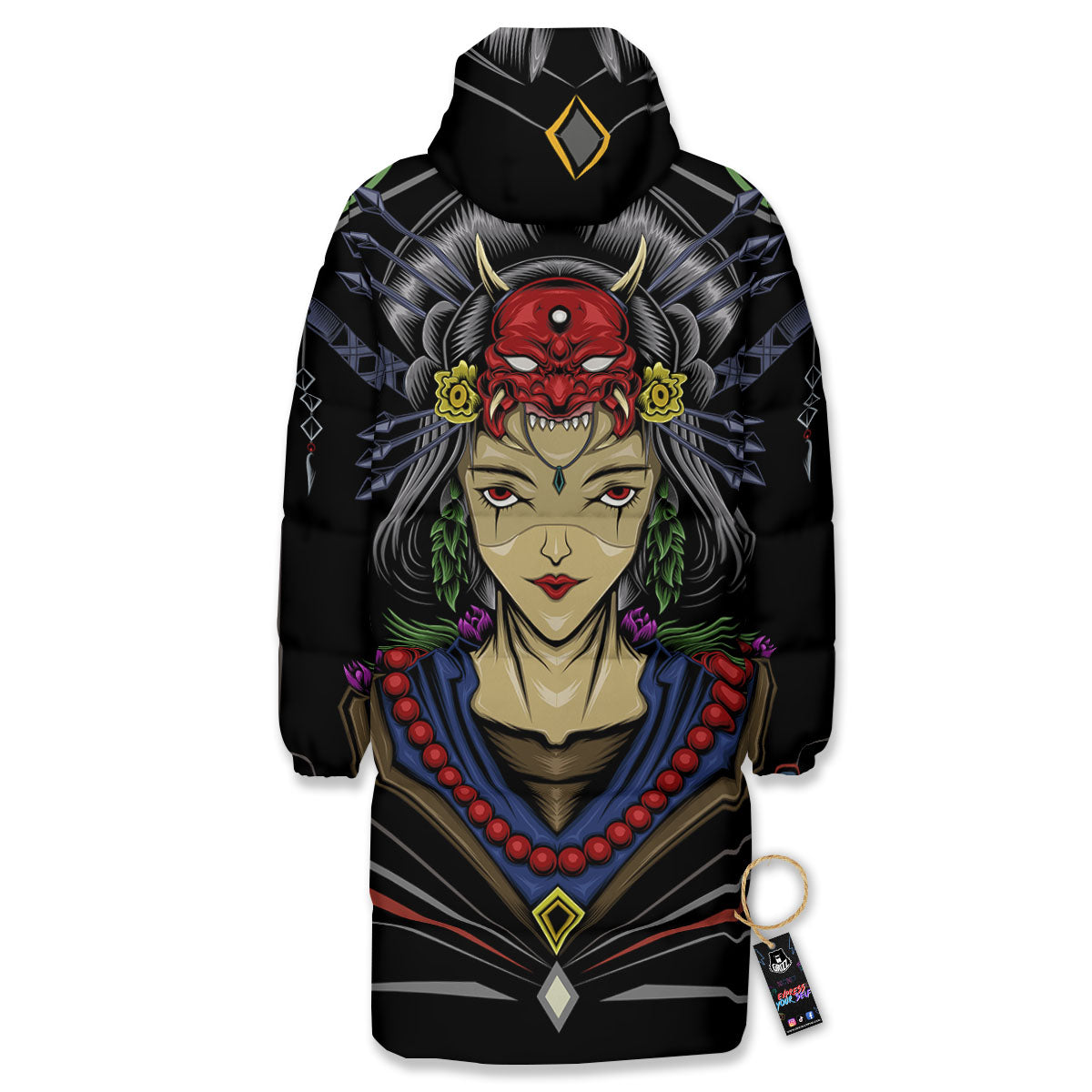 Samurai Girl Japanese Print Long Down Jacket-grizzshop